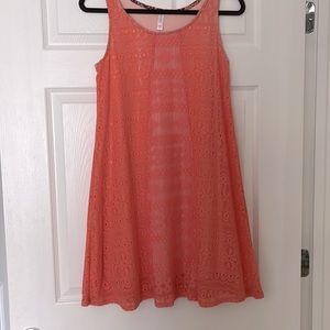NWOT XHILARATION LACE LOOK CORAL TANK MINI DRESS - FULLY LINED - A-LINE STYLE